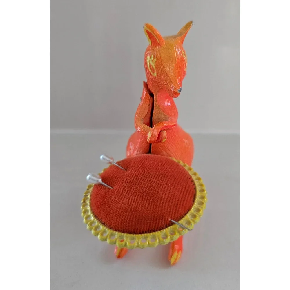 Vintage Orange Cast‎ Metal Kangaroo Pin Cushion Red Velvet Sewing Collectible